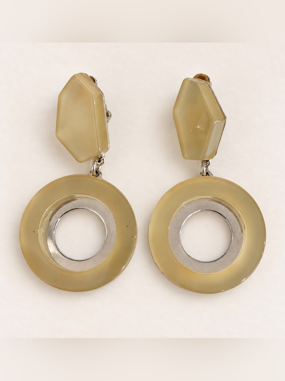 SIGNED Giorgio Armani Pale Yellow /Silver-tone Clip-On Earrings/worn once